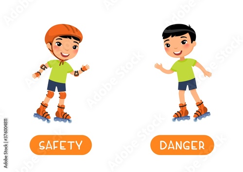 Antonyms concept, SAFETY and DANGER. Flashcard with antonyms for kids vector template. Word card for foreign language studying.