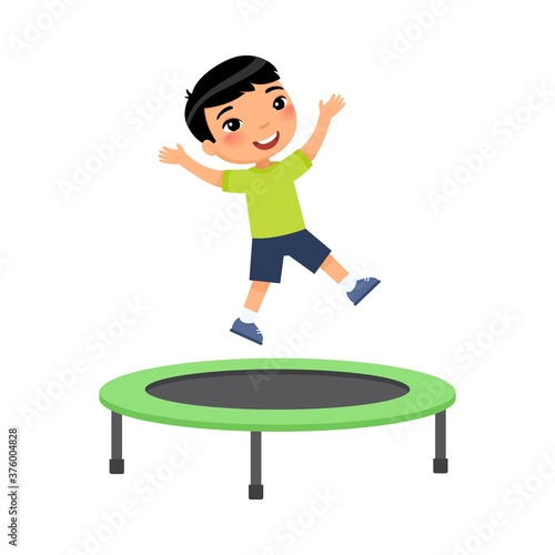 Little asian boy jumping on trampoline flat vector illustration. Happy sportive child having fun, playing. Preteen cheerful child enjoying game, childhood activity. Isolated cartoon character on white