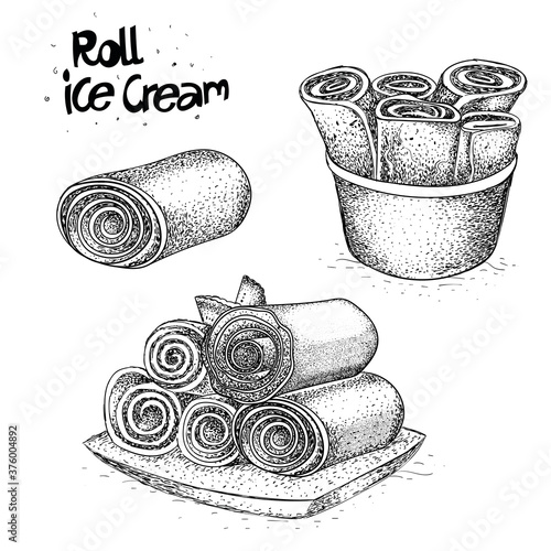 vector roll ice cream, ice cream illustration in hand drawn style