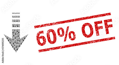 Fractal collage send down and 60% Off textured seal. Vector collage is organized of randomized send down items. Seal includes 60% Off text between parallel lines.
