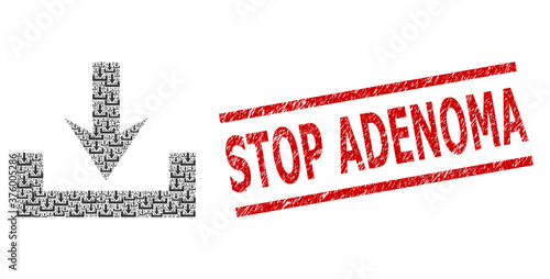 Recursive collage downloads and Stop Adenoma dirty seal. Vector mosaic is done with recursive downloads elements. Stamp seal includes Stop Adenoma title between parallel lines.