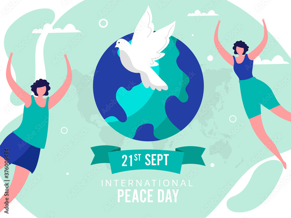 International Peace Day Poster Design with Faceless Young Girls Dancing or Jumping, Dove Bird and Earth Globe on Green Background.