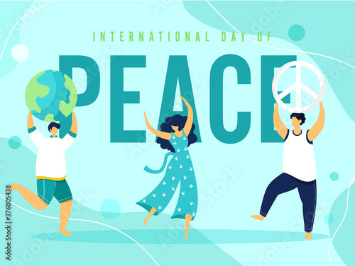 Cartoon Young Girl and Boys Dancing, Earth Globe, Peace Symbolism on Light Turquoise Background for International Peace Day.