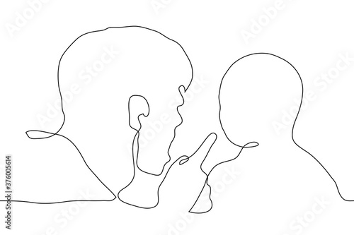 man scolds a child. One continuous line drawing of a man opened his mouth and pokes his index finger at a child who stands motionless in front of an adult