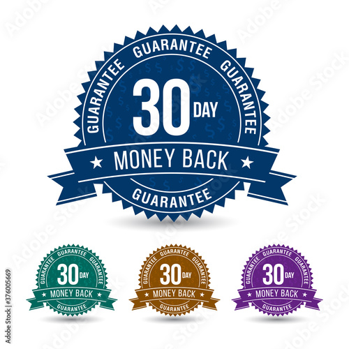 Powerful 30-day money-back guarantee 4 Colored Badge with ribbon isolated on white background.