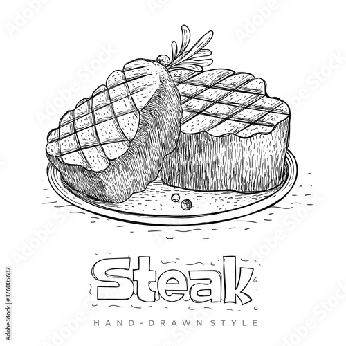 vector of steak on ready plate, food illustration in hand drawn style