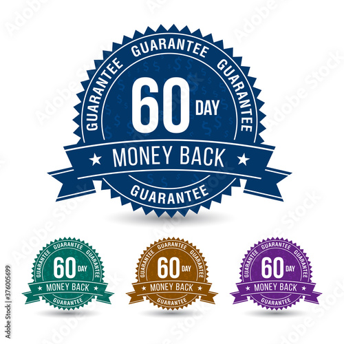 Powerful 60-day money-back guarantee 4 Colored Badge with ribbon isolated on white background.