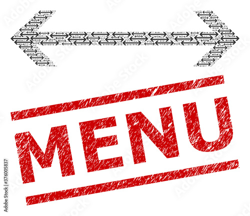 Fractal collage horizontal flip and Menu textured stamp seal. Vector mosaic is designed of repeating horizontal flip parts. Stamp seal includes Menu title between parallel lines.
