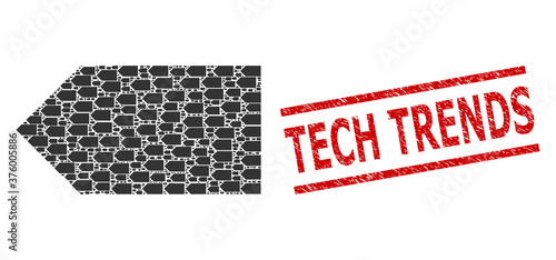 Fractal collage direction left and Tech Trends dirty seal. Vector collage is done with random direction left elements. Stamp seal includes Tech Trends caption between parallel lines.
