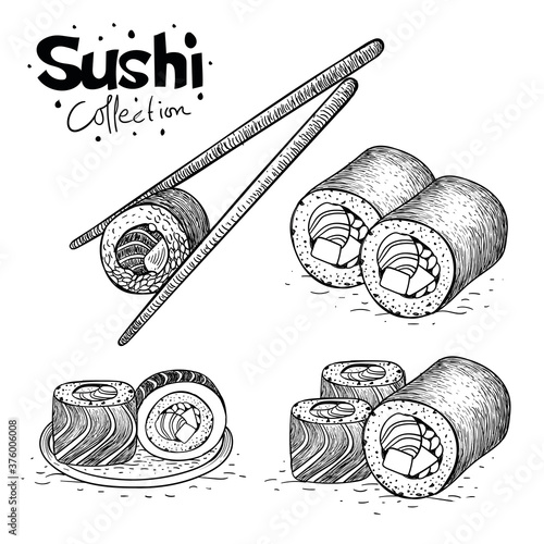 sushi collection vector, fast food illustration in hand drawn style