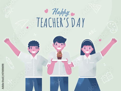Cute Student Kids Presenting Cupcake on Green Education Elements Background for Happy Teacher's Day Celebration.