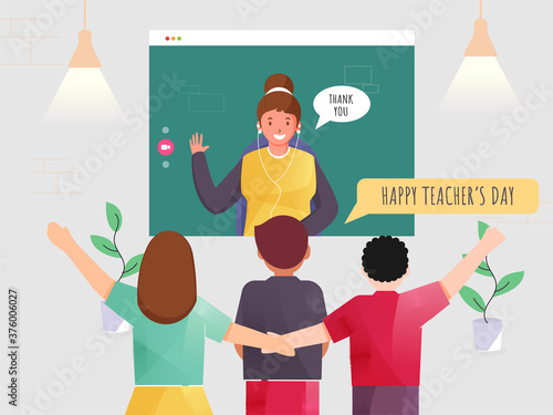 Back View of Children Interacting on Video Call with Female Teacher to Wish Teacher's Day.