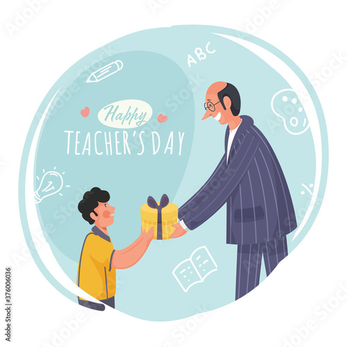 Student Boy Offering Gift to His Class Teacher on The Occasion of Happy Teacher's Day.