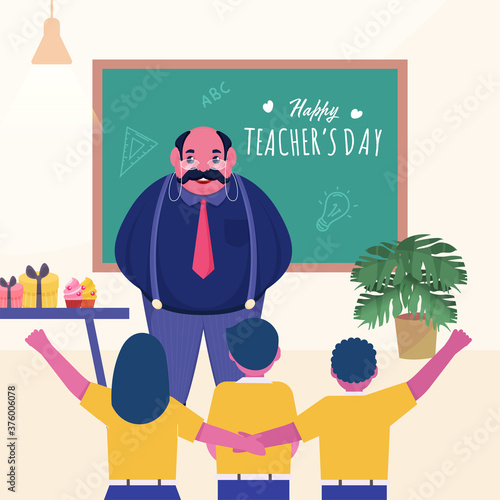 Happy Teacher's Day Text on Green Chalkboard with Cheerful Students and Teacher Man Character in Classroom.