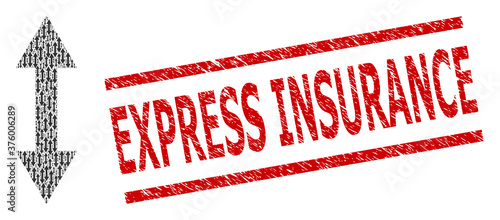 Recursion collage vertical flip and Express Insurance scratched seal. Vector collage is designed with scattered vertical flip icons. Stamp seal includes Express Insurance text between parallel lines.