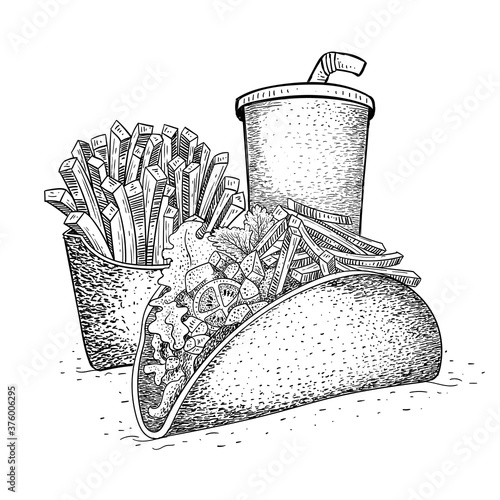taco pack vector, fast food illustration in hand drawn style