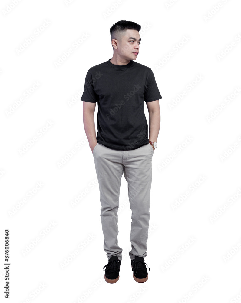 Fototapeta premium Young handsome man wearing black t shirt short sleeve isolated on background