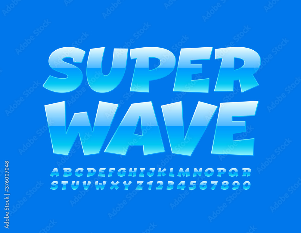 Vector creative sign Super Wave. Light Blue Font. Modern glossy Alphabet Letters and Numbers set Vector creative sign Super Wave. Light Blue Font. Modern glossy Alphabet Letters and Numbers set