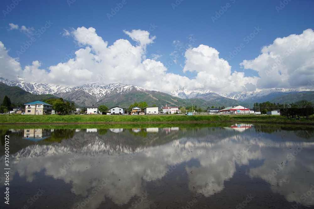 Beautiful landscape, mountains reflected in rice fields in Northern Alps of Japan, Hakuba