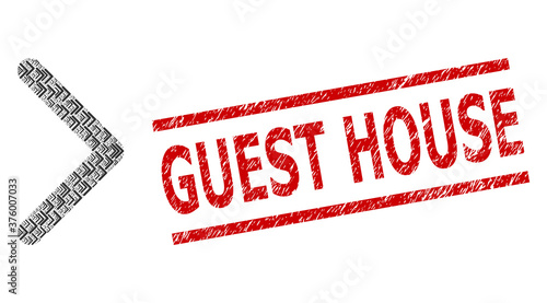 Recursive composition direction right and Guest House corroded stamp imitation. Vector collage is made of recursive direction right elements. Stamp includes Guest House caption between parallel lines.