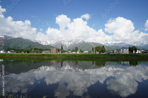 Beautiful landscape, mountains reflected in rice fields in Northern Alps of Japan, Hakuba © Hirotsugu