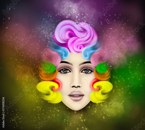 Illustration of a cartoon beautiful woman face That is full of bright colors On the surface of the hair And beauty makeup Symbol of beauty and fashion on smoke color in background 