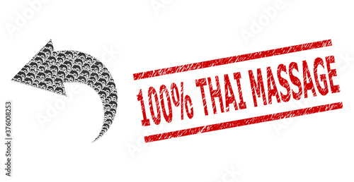Recursion collage undo and 100% Thai Massage corroded stamp seal. Vector collage is composed with scattered undo items. Stamp seal includes 100% Thai Massage title between parallel lines.