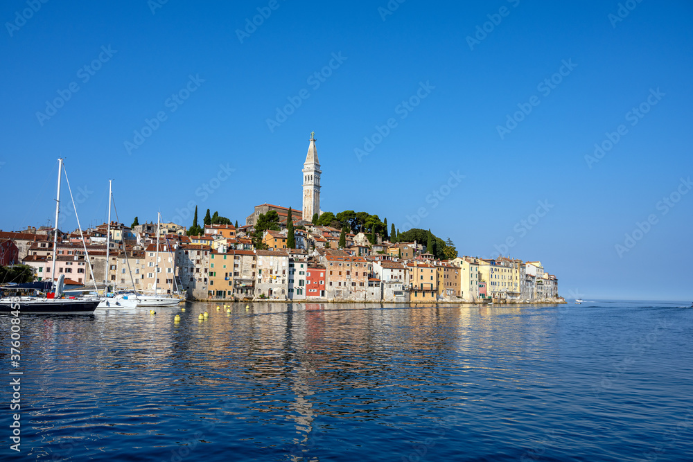 The beautiful old town of Rovinj in Croatia with the iconic church tower The beautiful old town of Rovinj in Croatia with the iconic church tower