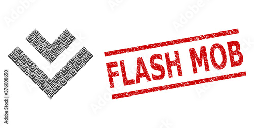 Fractal collage shift down and Flash Mob dirty stamp seal. Vector mosaic is constructed with repeating shift down elements. Stamp seal includes Flash Mob title between parallel lines.
