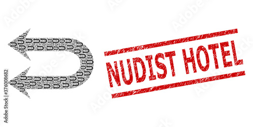 Fractal collage double left arrow and Nudist Hotel grunge stamp. Vector collage is organized of scattered double left arrow items. Stamp seal includes Nudist Hotel tag between parallel lines.
