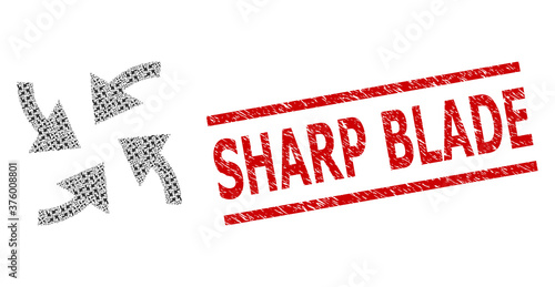 Recursive mosaic cyclone arrows and Sharp Blade textured stamp seal. Vector collage is created from recursive cyclone arrows elements. Seal includes Sharp Blade title between parallel lines.
