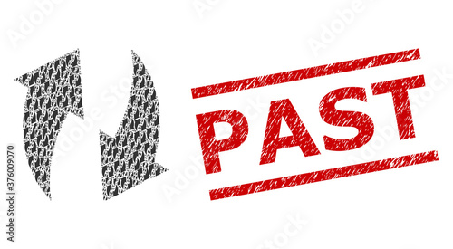 Fractal mosaic refresh and Past scratched stamp seal. Vector mosaic is organized from recursive refresh elements. Stamp includes Past caption between parallel lines.