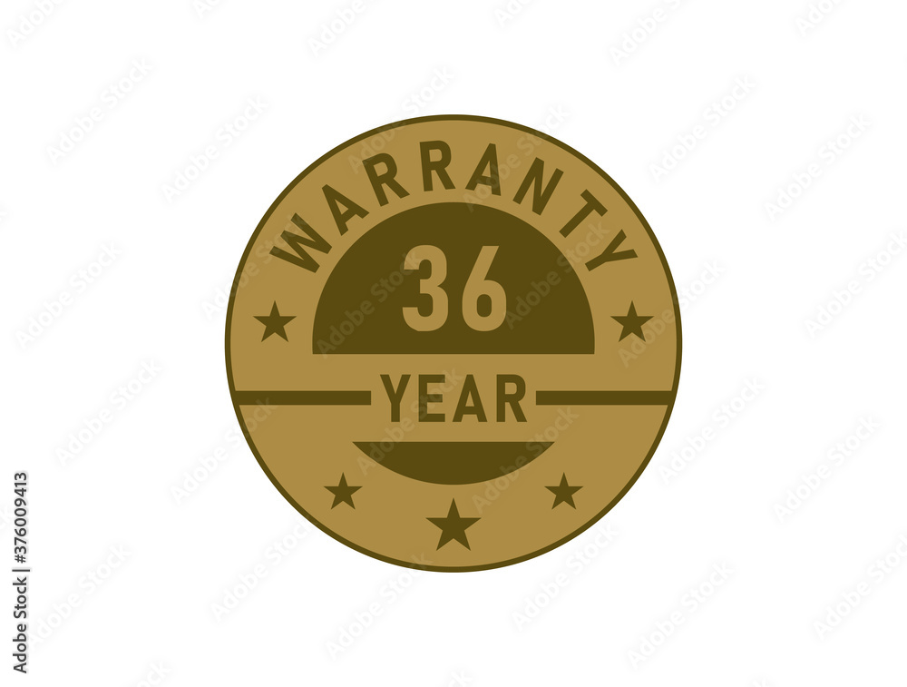 36 years warranty golden badges isolated on white background. Warranty label
