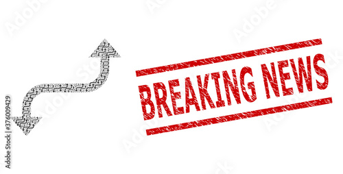 Recursive collage opposite curved arrow and Breaking News unclean stamp print. Vector collage is done of recursive opposite curved arrow parts.
