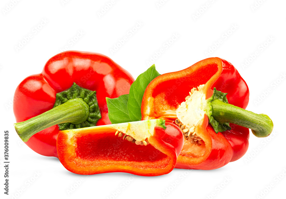 fresh red bell pepper (capsicum) and a cut one on a white background