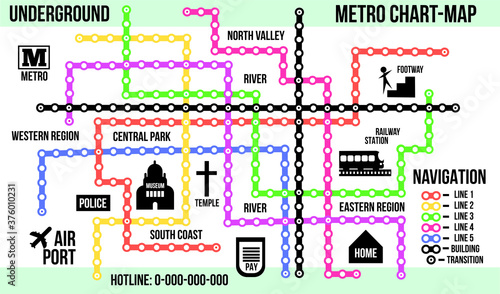 Concept Underground Chart, Metro Map, Subway City Transportation Vector Grid Scheme, Colorful Lines, Navigation