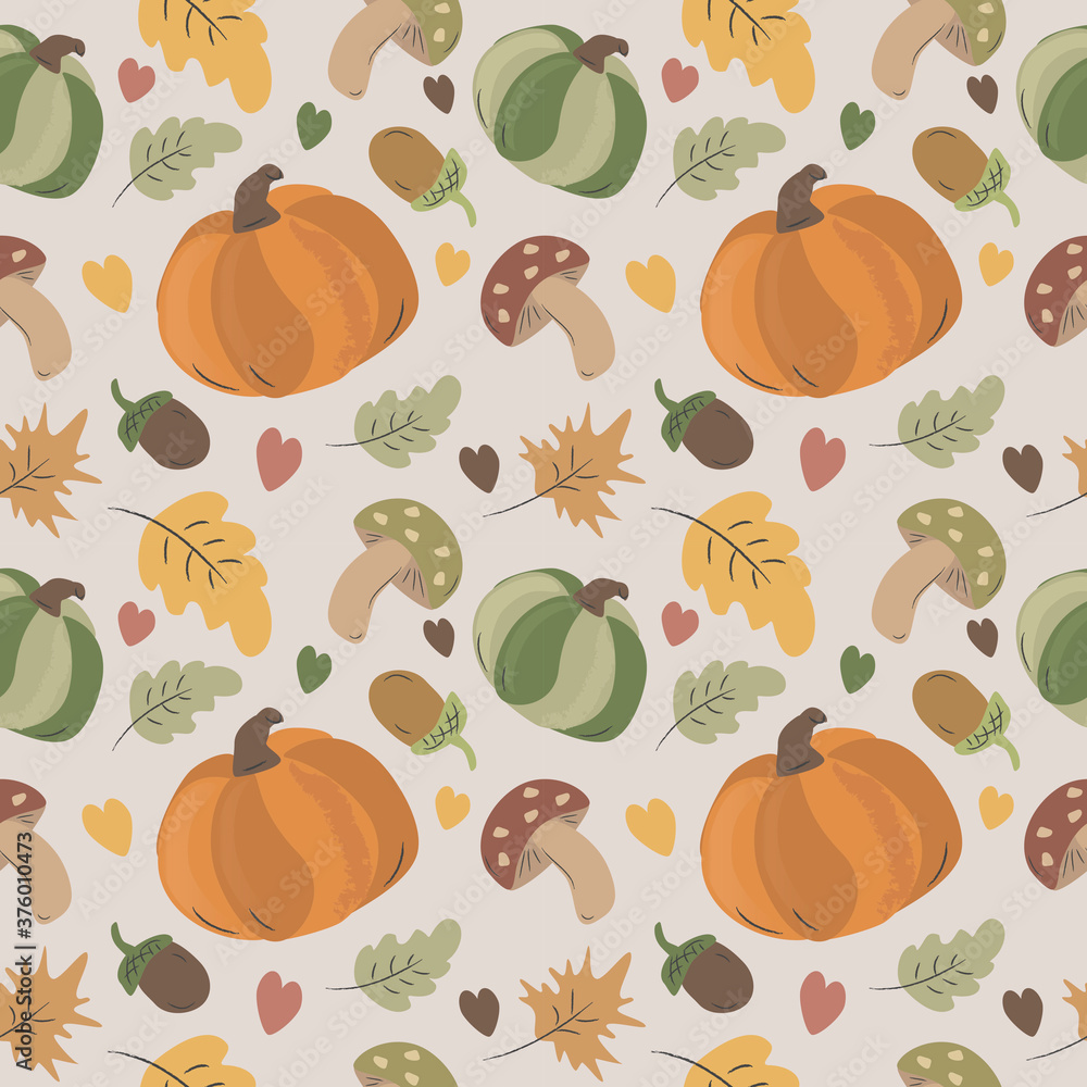 seamless pattern on an autumn theme with pumpkins, mushrooms and leaves