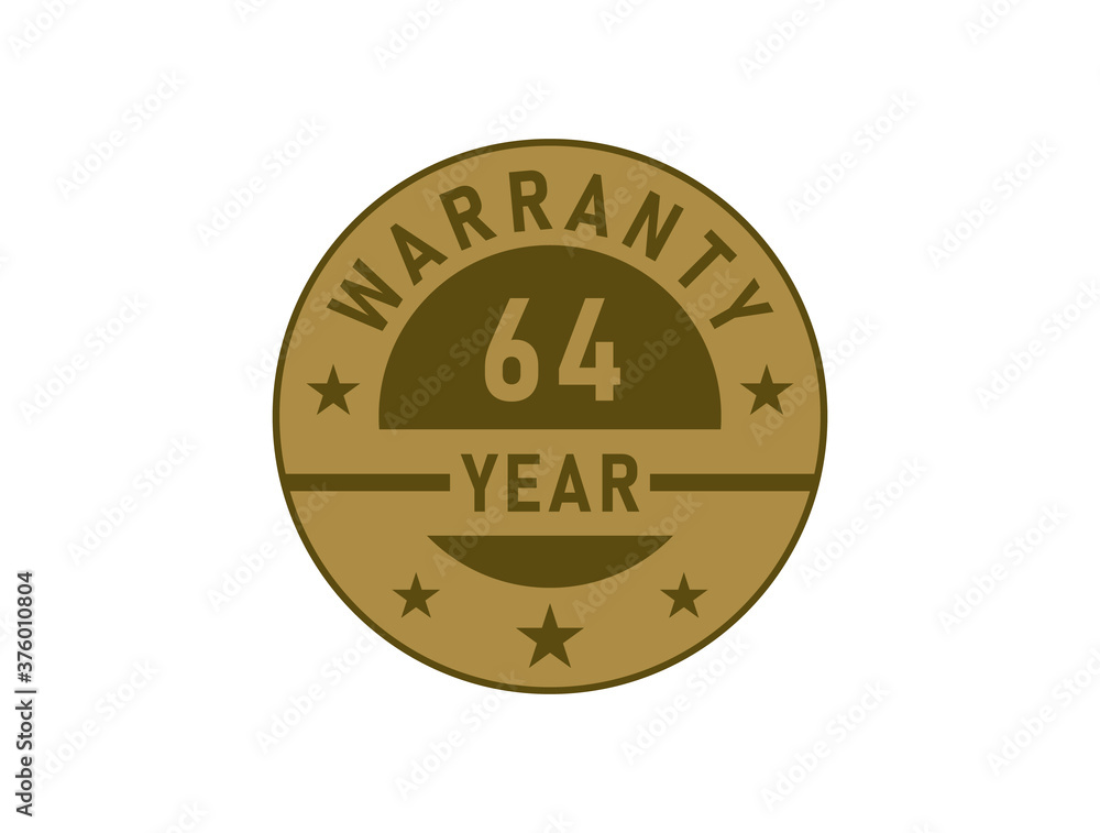 64 years warranty golden badges isolated on white background. Warranty label