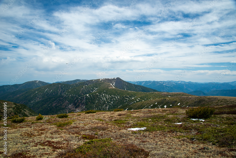 Mountain landscapes in the Khamar-Daban mountains.Spring in the mountains of Khamar-Daban, Eastern Siberia, Irkutsk region. Mountain landscapes in the Khamar-Daban mountains.Spring in the mountains of Khamar-Daban, Eastern Siberia, Irkutsk region.