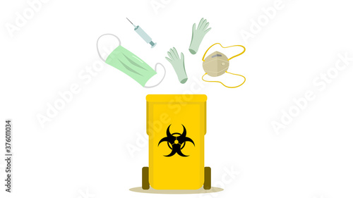 Yellow medical waste bin with medical mask, N-95 respirator, gloves, medical syringe and needle. Medical waste and waste segregation concept. Vector illustration, flat design