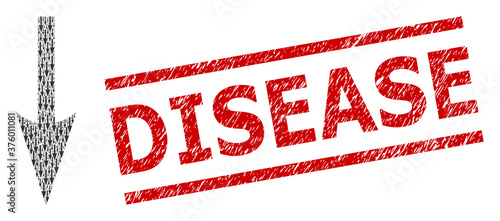 Recursive collage sharp arrow down and Disease grunge seal. Vector mosaic is designed from recursive sharp arrow down items. Seal includes Disease text between parallel lines.