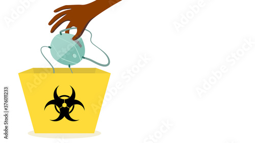 A hand of an African bringing a medical protective N-95 mask into a yellow bin with medical waste symbol. Medical waste and waste segregation concept. Vector illustration, flat design