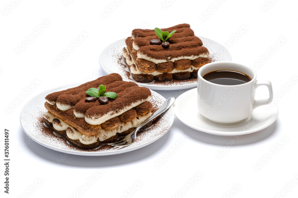 Two portions of Classic tiramisu dessert and cup of fresh espresso coffee isolated on white background with clipping path Two portions of Classic tiramisu dessert and cup of fresh espresso coffee isolated on white background with clipping path