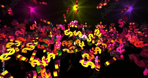 Fototapeta Naklejka Na Ścianę i Meble -  Golden 3d dollar symbols falling in neon lights falling. Finance event background. 3D render 3D illustration