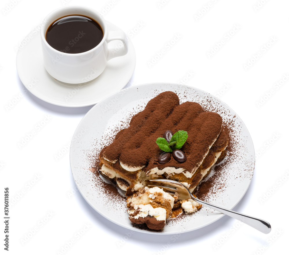 portion of Classic tiramisu dessert and cup of fresh espresso coffee isolated on white background with clipping path portion of Classic tiramisu dessert and cup of fresh espresso coffee isolated on white background with clipping path