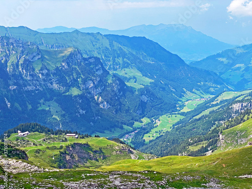 Alpine valley Melchtal along the river Grosse Melchaa and in Uri Alps mountain massif, Melchtal - Canton of Obwald, Switzerland (Kanton Obwalden, Schweiz) photo