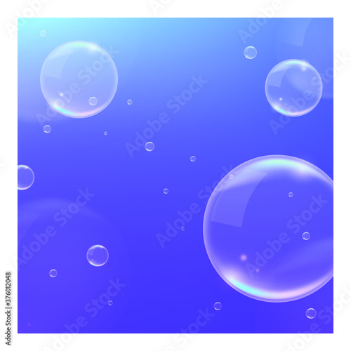 3D Realistic Blue Background with Bubbles . Isolated Vector Elements