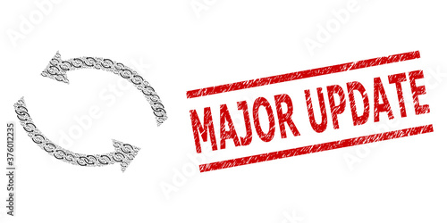 Recursive composition exchange arrows and Major Update grunge stamp. Vector collage is constructed from recursive exchange arrows elements. Stamp includes Major Update title between parallel lines.