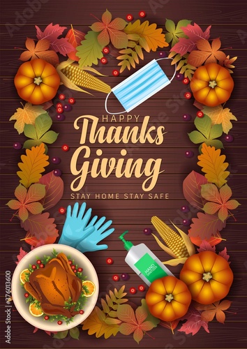 Happy Thanksgiving Day elements with wood background poster, banner template. Vector illustration. covid 19, coronavirus concept