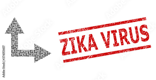 Recursive mosaic bifurcation arrow right up and Zika Virus corroded stamp seal. Vector mosaic is designed with recursive bifurcation arrow right up items.